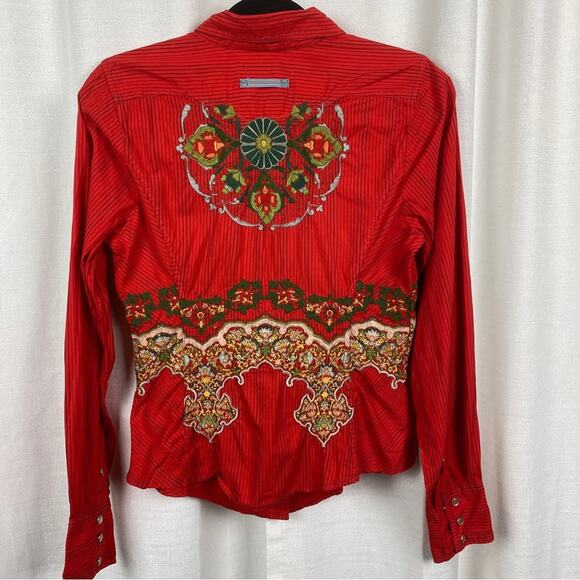 Johnny Was 3J Workshop Orange Embroidered Pearl Snap Blouse Sz.M - Picture 7 of 11